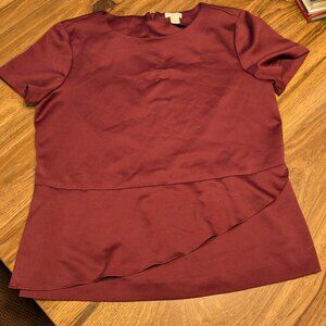 J. Crew women's short sleeve maroon blouse, size 6, ruffle, top, business
